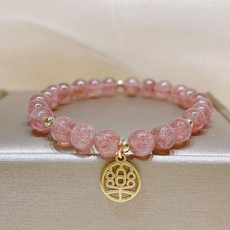 

Love Stone Strawberry Quartz Crystal Beaded Women's Bracelets Chinese Character Lucky Fortune Blessing Hapiness Jewelry YBR649