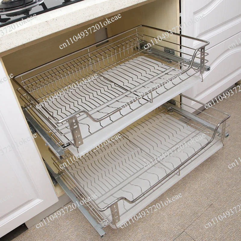 304 pull basket stainless steel solid damping buffer cabinet pull blue drawer bowl rack double layer dishes