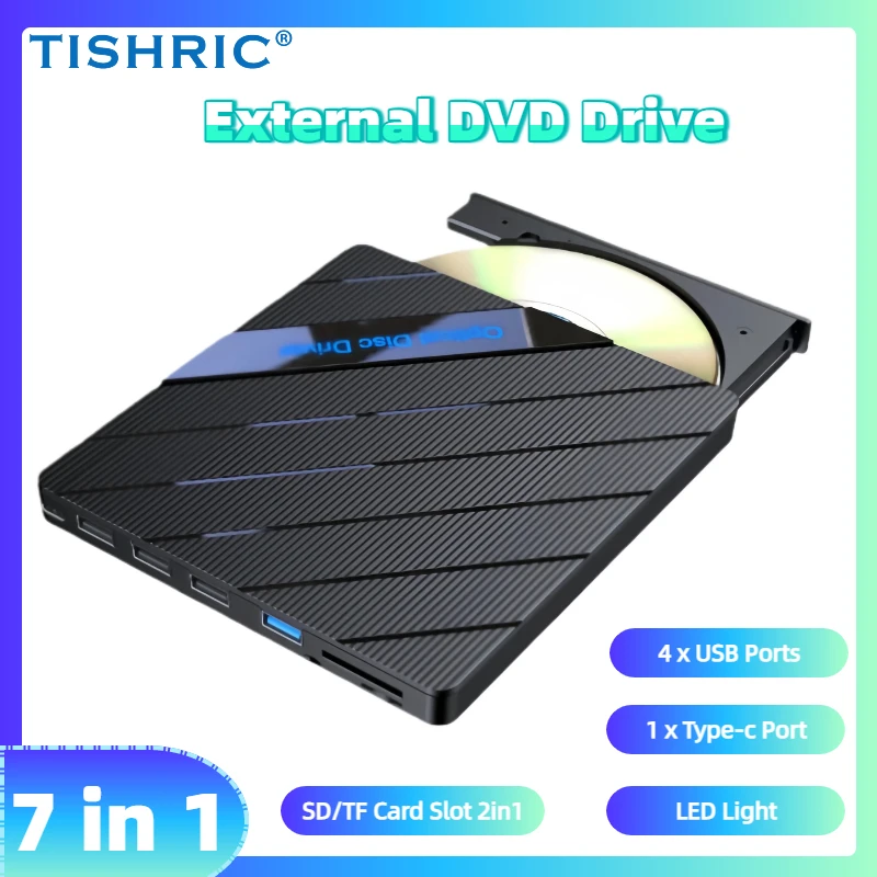 

TISHRIC External DVD Drive 7-in-1 USB-C CD Burner Portable Optical Drive with SD/TF Card Reader and Color Lights for PC Laptop