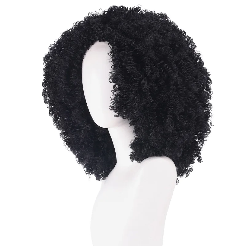Black curly cosplay wig, unisex black voluminous wig, suitable as a Halloween or carnival party costume wig accessory