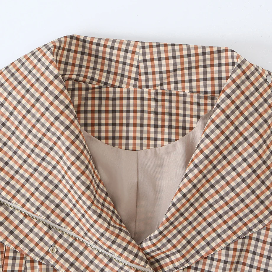 Fashionable Plaid Waist-Cinching Coat with Drawstring Autumn New Arrival Women's Standard Fit Polyester Long Sleeve Jacket