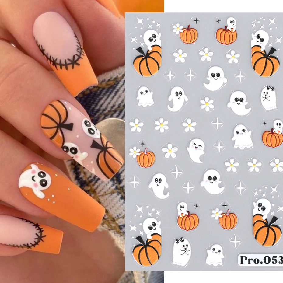 5D Embossed Halloween Nail Art Stickers Skull Pumpkin Nail Silder Ghost Bat Spider Web Anime Decals Engraved Manicure Decoration