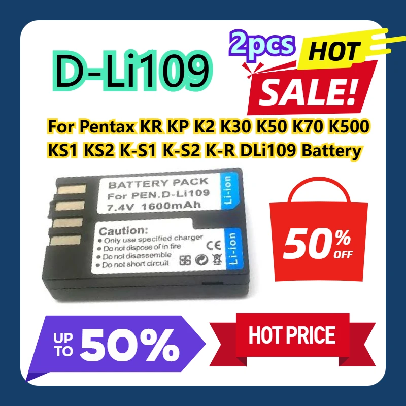 

2pcs D-LI109 7.4v1600mah Battery For Pentax K30 K50 K70 K500 KR KP K2 KS2 KS1 K-R DLI109