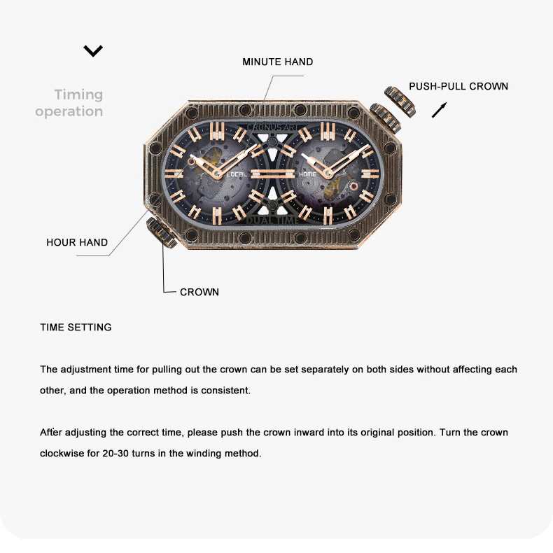 CRONUSART الرجال ساعة أوتوماتيكية 50 مللي متر * 29 مللي متر موضة الميكانيكية ساعة اليد فلوروروبر حزام المنطقة الزمنية المزدوجة الهاتفي الياقوت مضيئة