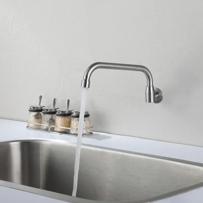 Wall Mounted Kitchen Sink Swing Faucet Hotel Single Cold Water Tap Swivel Spout Faucet 180°Kitchen Faucet 304 Steel Stainless