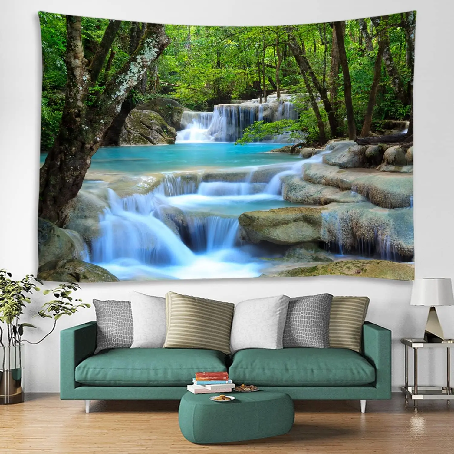 Forest Waterfall Fabric Tapestry Decorative Wall Art Tablecloth Bedspread Picnic Blanket Beach Throw Blanket Multifunctional for