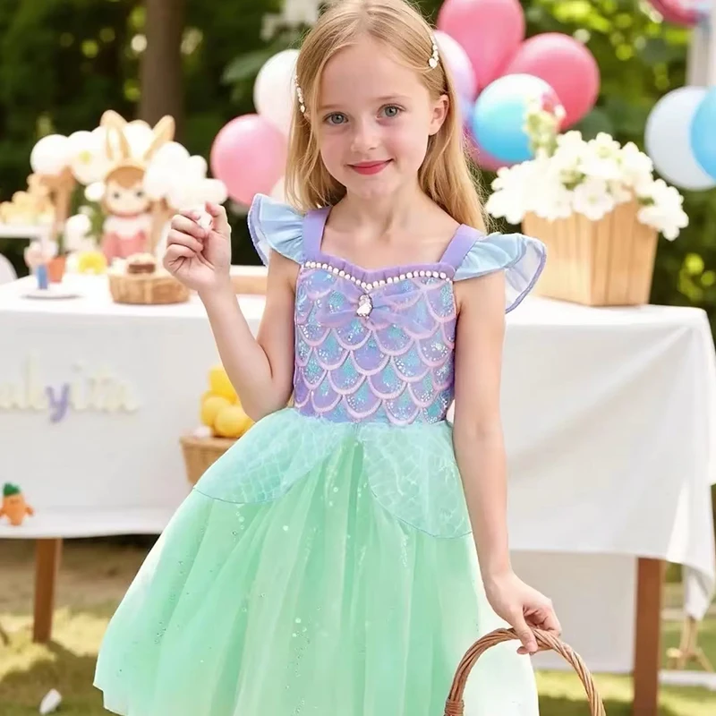 Girls Little Mermaid Princess Dress Kids Sequined Puffy Ballet Dance Dress Baby Beaded Tutu Skirt Christmas Halloween Dress up