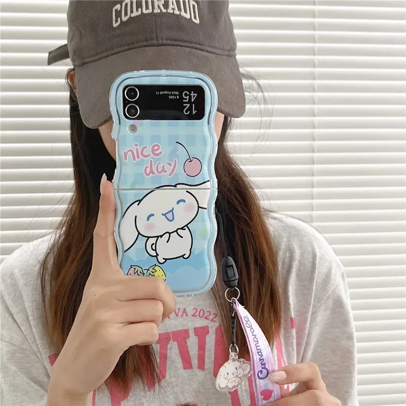 Cute Cartoon Cinnamoroll with Lanyard Phone Case for Samsung Galaxy Z Flip 3 4 Z Flip 5 6 5G PC Hard Anti-drop Back Cover Funda