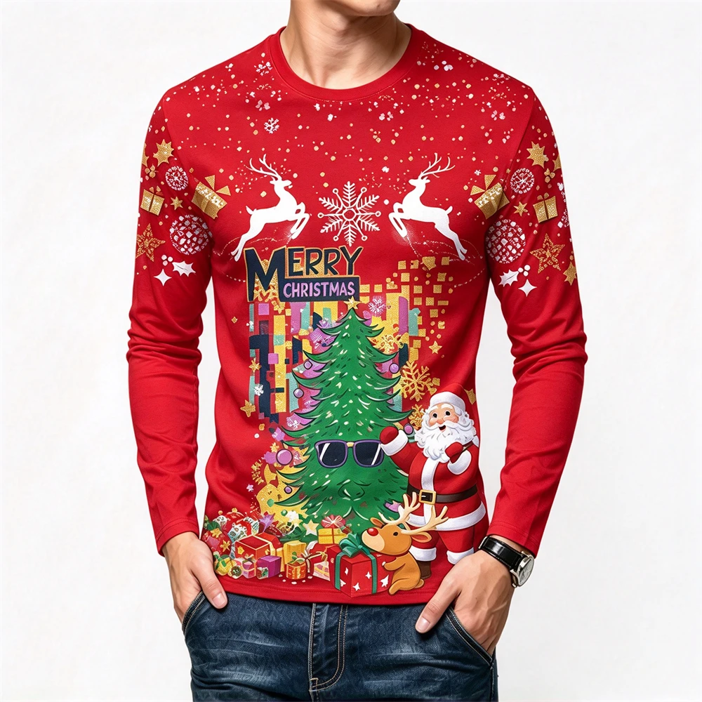 Christmas Style Men's Long Sleeve T-shirt Cartoon Santa Claus 3D Print Tees Tops Funny Snowman Pattern X'mas New Year Clothing
