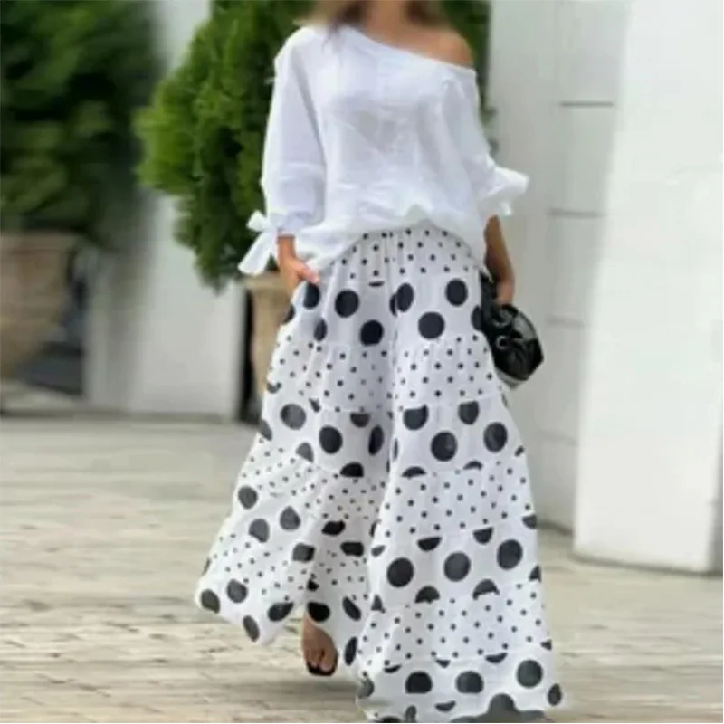 Elegant Women\'s Casual Off Shoulder Long Sleeved Lace Up Loose Shirt With Fashionable Polka Dot Print Long Skirt 2-piece Set