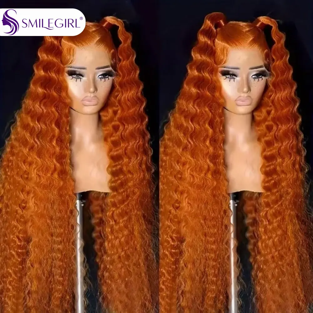 Smilegirl 40Inch Orange Ginger Curly 13x6 Lace Front Wigs Human Hair For Women Deep Wave 13x4 Lace Frontal Wig 350 Colored Pre Plucked Brazilian