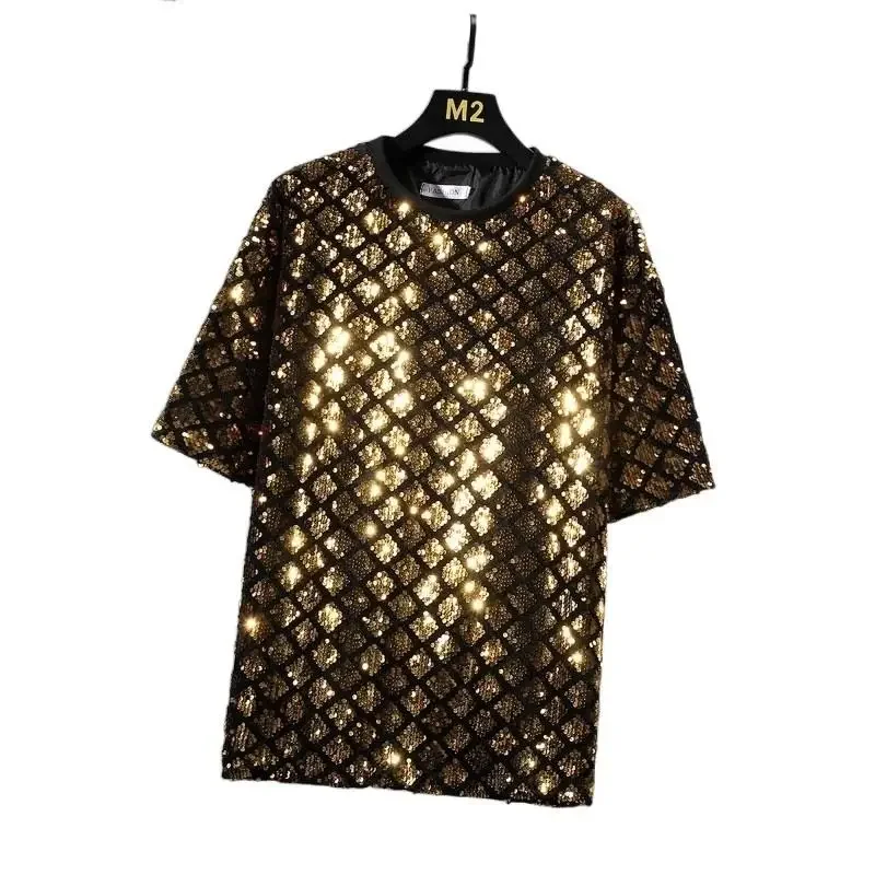 2023 Men's Short Sleeves Gold Shining Beaded T-shirt Fashion Versatile Loose Size Round Neck Half Sleeve Performance Dress