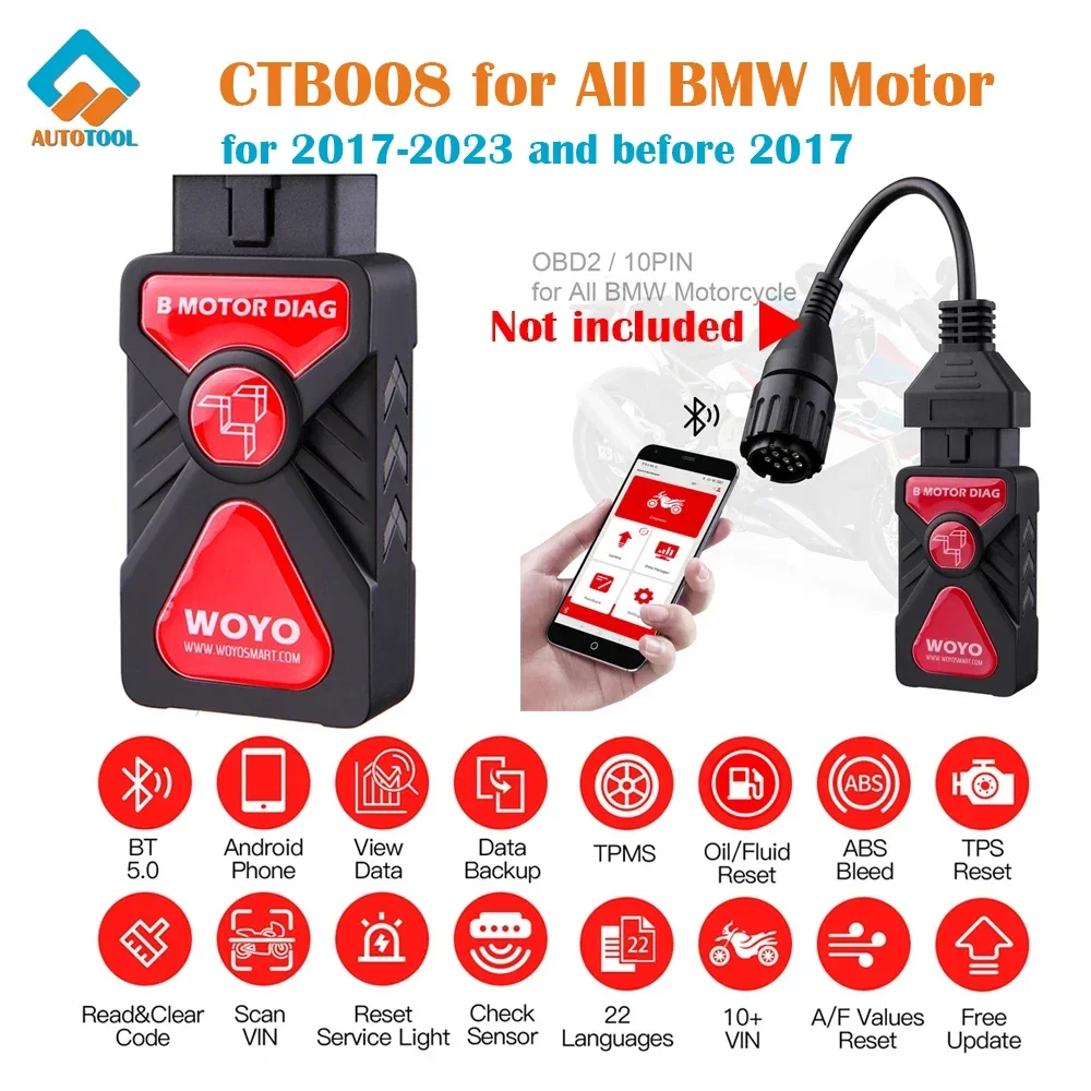 WOYO CTB008 For BMW Motorcycle BT5.0 OBD2 Diagnostic Tools Read Clean Code Reset Service Interval ABS Tester Throttle Matching