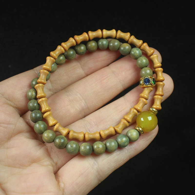 

6mm Green Sandalwood Bamboo Joint Double Circle Bracelet, Ethnic Style Buddhist Bead Jewelry for Men and Women