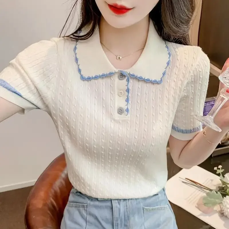 여성용 아이스 실크 폴로 셔츠, 골프 반팔 니트웨어 티셔츠, 얇고 달콤한 슬림 짧은 니트 상의, 버튼 패치워크 티, 시크한 여름