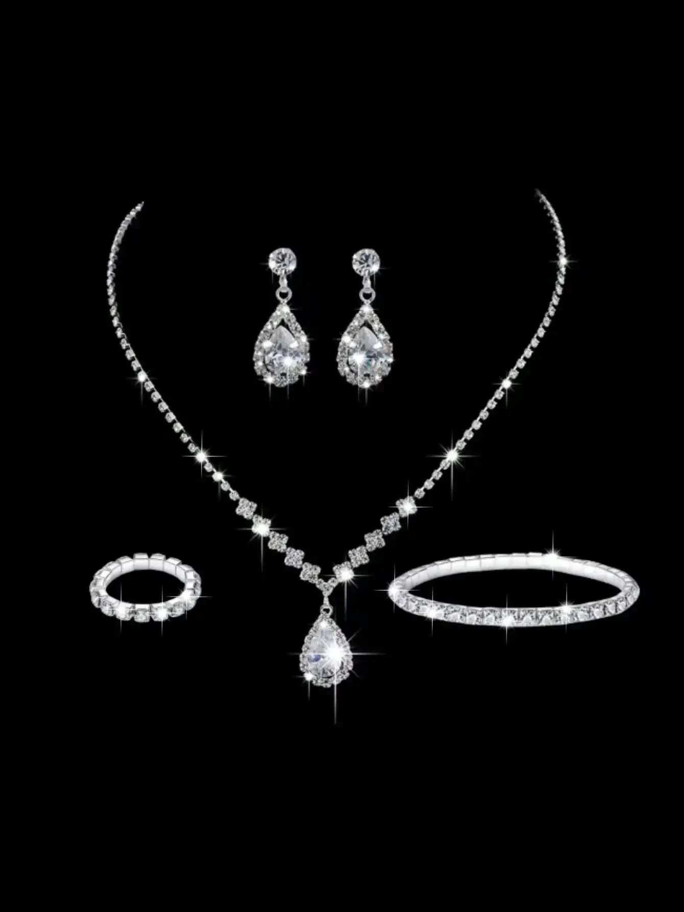 5-Piece Sparkling Rhinestone Jewelry Set: Necklace, Earrings, Ring & Bracelet for Bridal or Formal Events