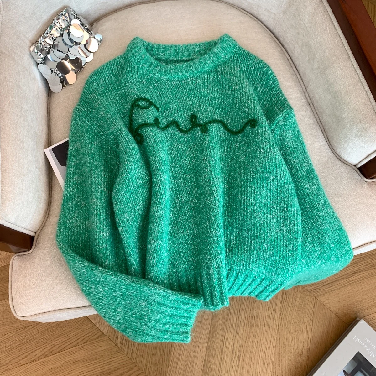 Dames groene gebreide trui O-hals trui Vintage jaren 2000 Koreaanse trui gebreide lange mouwen kasjmier trui voor dameskleding 2025