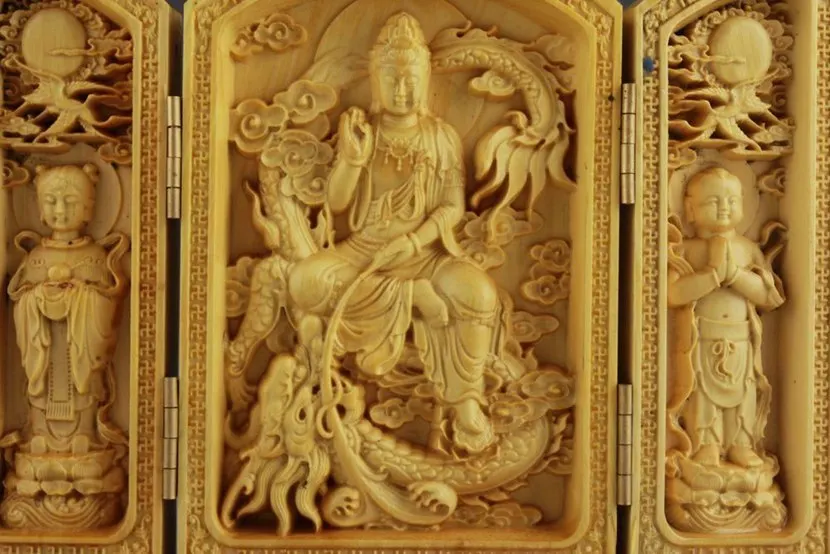 Superb China Collectable Handmade Carving Boxwood Bow Bodhisattva Statue