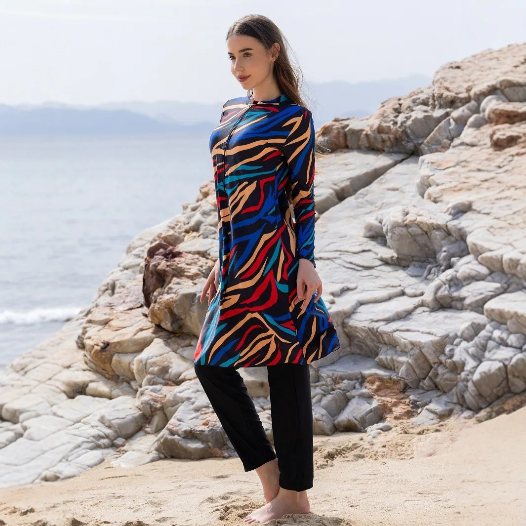 Long Sleeve Swimsuit High Neck Front Zipper Swimwear A Line Abstract Print Maxi Length Multicolor Black Base Modest Bathing Suit view 3