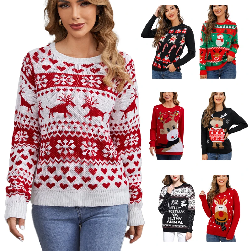 

2023 New Winter Christmas Sweater Xmas Moose Print Long Sleeve Y2K Clothes for Women Warm Thicken Jumpers Pullover Tops Knitwear