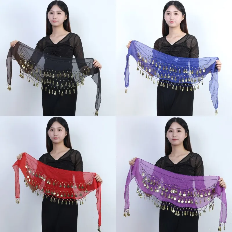 Belly Dance Hip Scarf Accessories 3 Layers Wrap Waist Belt Skirt Gold Coins Tassel Dancer Waist Chain Wrap Dance Wear Costume