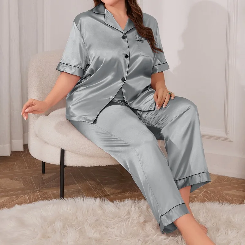Frauen Sommer Plus Größe Seide Wie Pyjama Set Mode Casual Hemd Stil Nachtwäsche Sexy Bequeme Hause Tragen