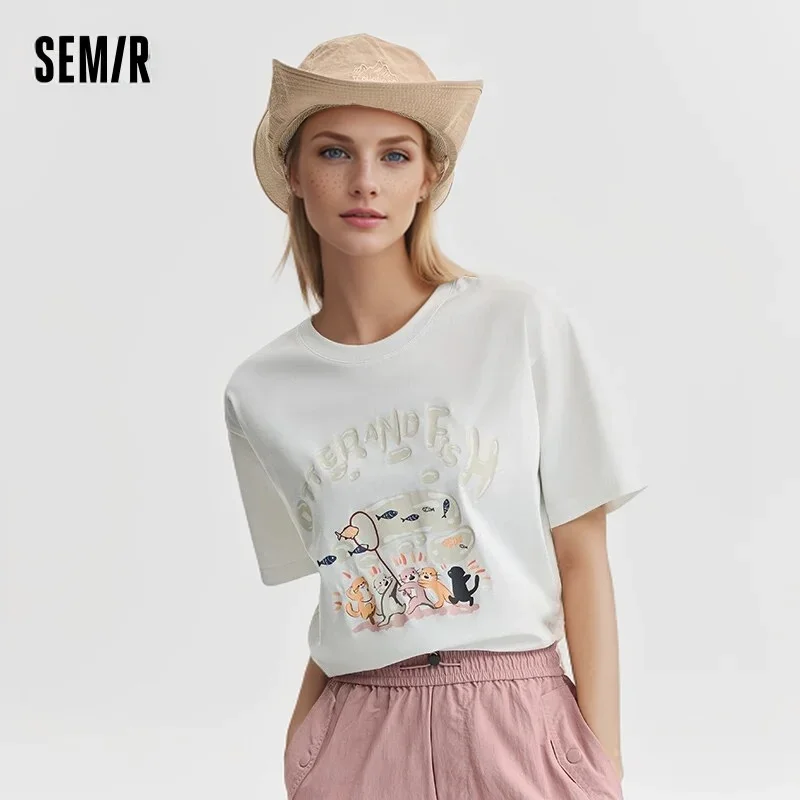 Semir Short Sleeve T-Shirt Women Loose Cartoon Printing Playful Niche 2024 New Summer Drop Shoulder Pullover Lovely