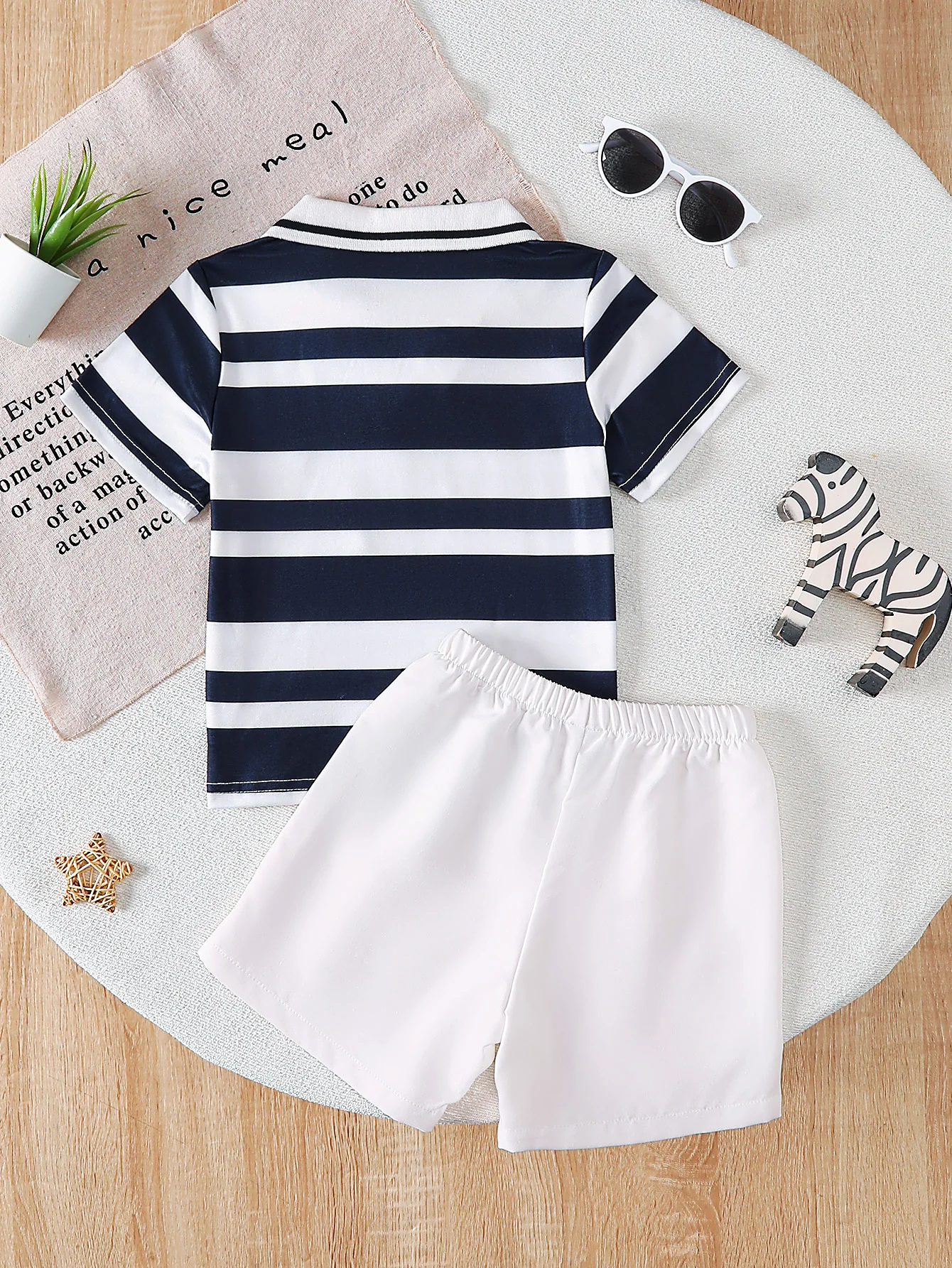 Young Boy's Blue and White Striped Two-Piece Set, Embroidered Pony, Small V-Neck Design Polo Shirt + White Sports Shorts Casual Set, Summer Children's Clothing