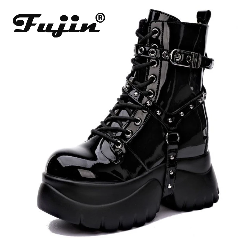 

Fujin 10cm Genuine Leather Women Boots Women Motorcycle Boots Ankle Punk Cowboy Platform Heel Wedge Chunky Booties Combat Boots