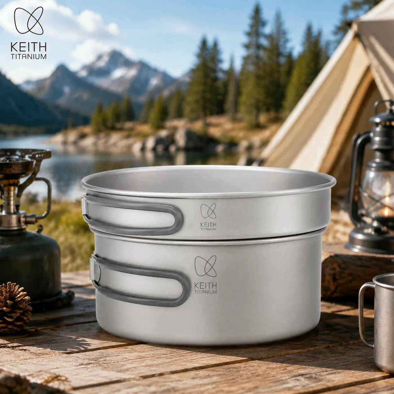 keith Pure Titanium Camping Cookware Set 1.25L Pot & 800ml Pan,Foldable Handles,Outdoor Kit for Backpacking Hike Ti6017