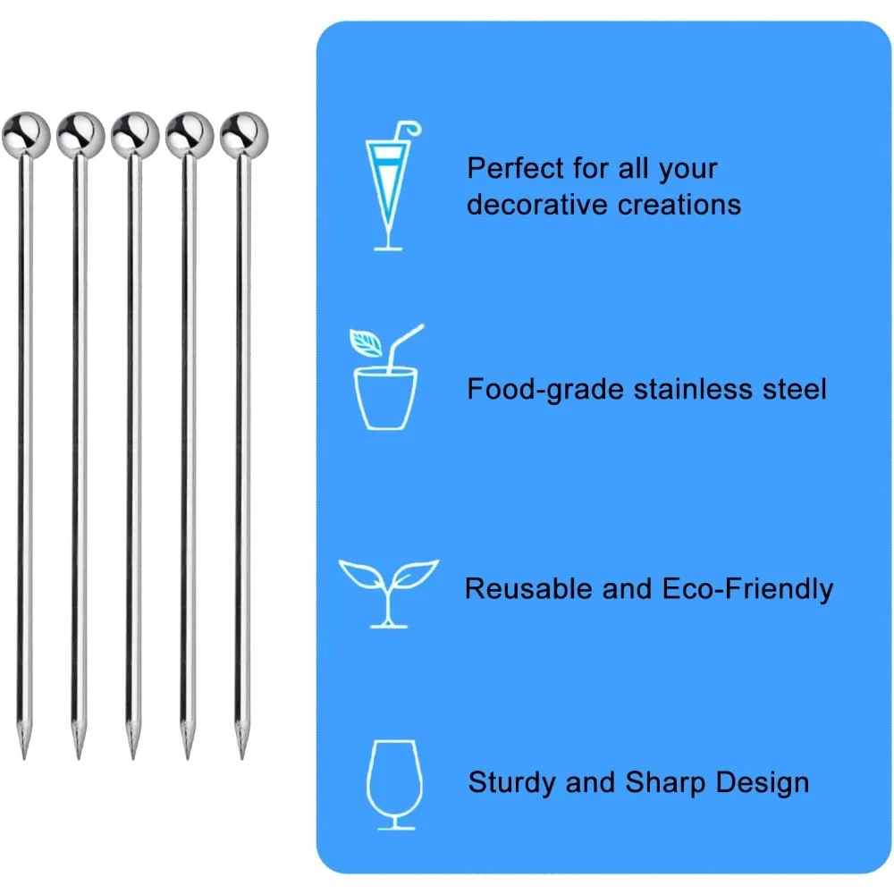 5Pcs 스테인레스 스틸 칵테일 픽, 프리미엄 금속 마티니 픽, 음료용 칵테일 꼬치, 마티니, 칵테일, 올리브 애피타이저