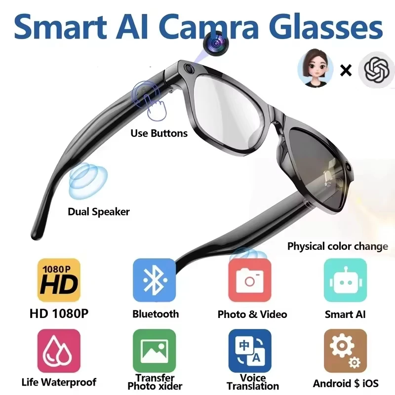 4K HD Color Changing AI Smart Glasses Chat GPT 100MP Camera Bluetooth Call Voice Assistant Control Smart Glasses 2026 New