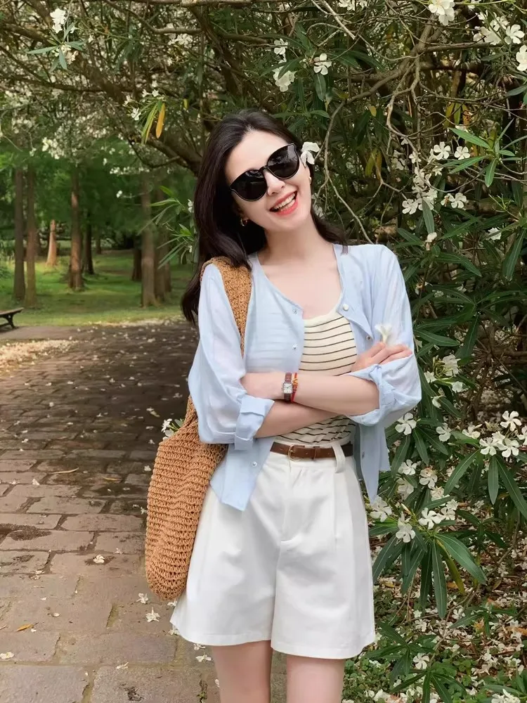 

Blue Short Cotton Linen Long Sleeve Sun Protection Shirt Women's Spring Autumn Thin Outer Cover High-End Feeling Shirt Coat Top