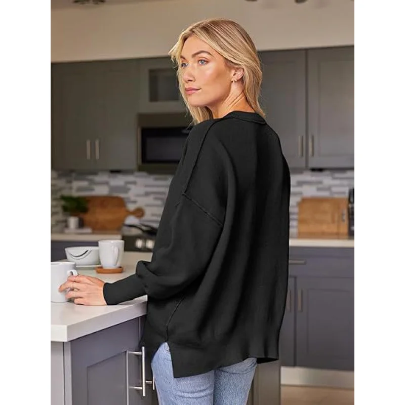 

Autumn Winter New European American Thick Knit Side Slit Round Neck Loose Solid Color Batwing Long Sleeve Sweater Wo