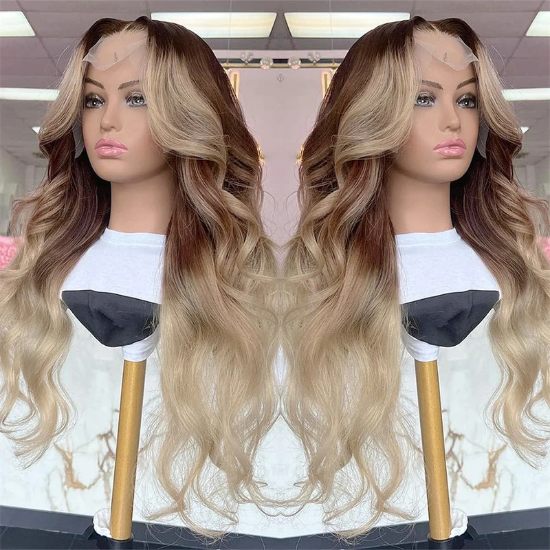 

13x4 brown ombre Ash Blonde Body Wave HD Transparent Lace Frontal Wigs For Women Brazilian Colored 613 Human Hair Wig