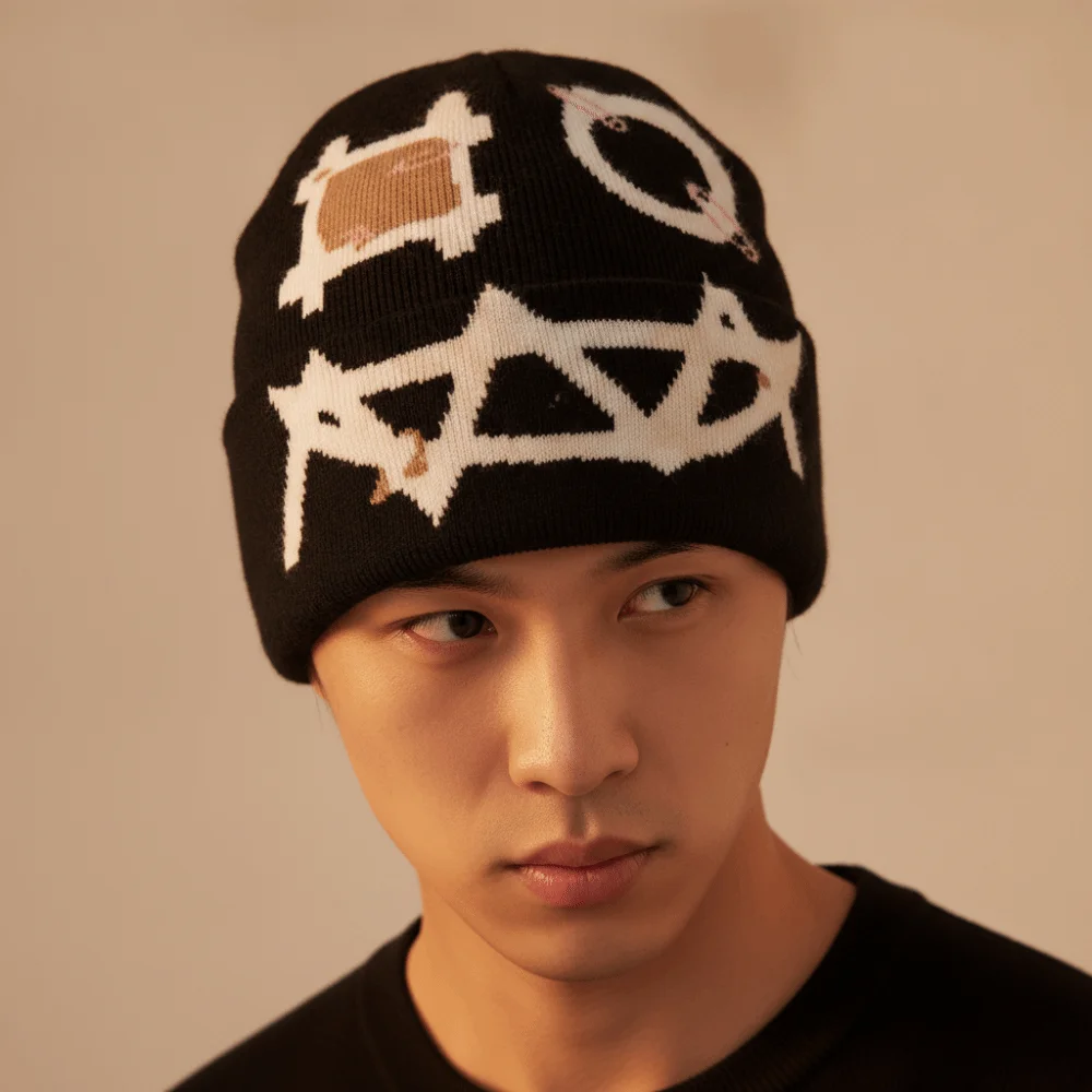 Printed Pattern Printed Pin Beanie High Elasticity Winter Warmth Demon Face Hat Flat Design Acrylic Yarn Ghost Mask Cap Teens