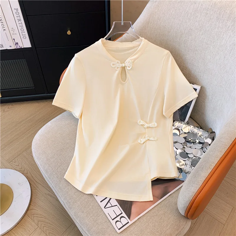 Cotton Women'S T-Shirt 2024 Summer Casual Short Sleeve Tee V-Neck Female Streetwear Top Basic Oversized Chinese button T-Shirt