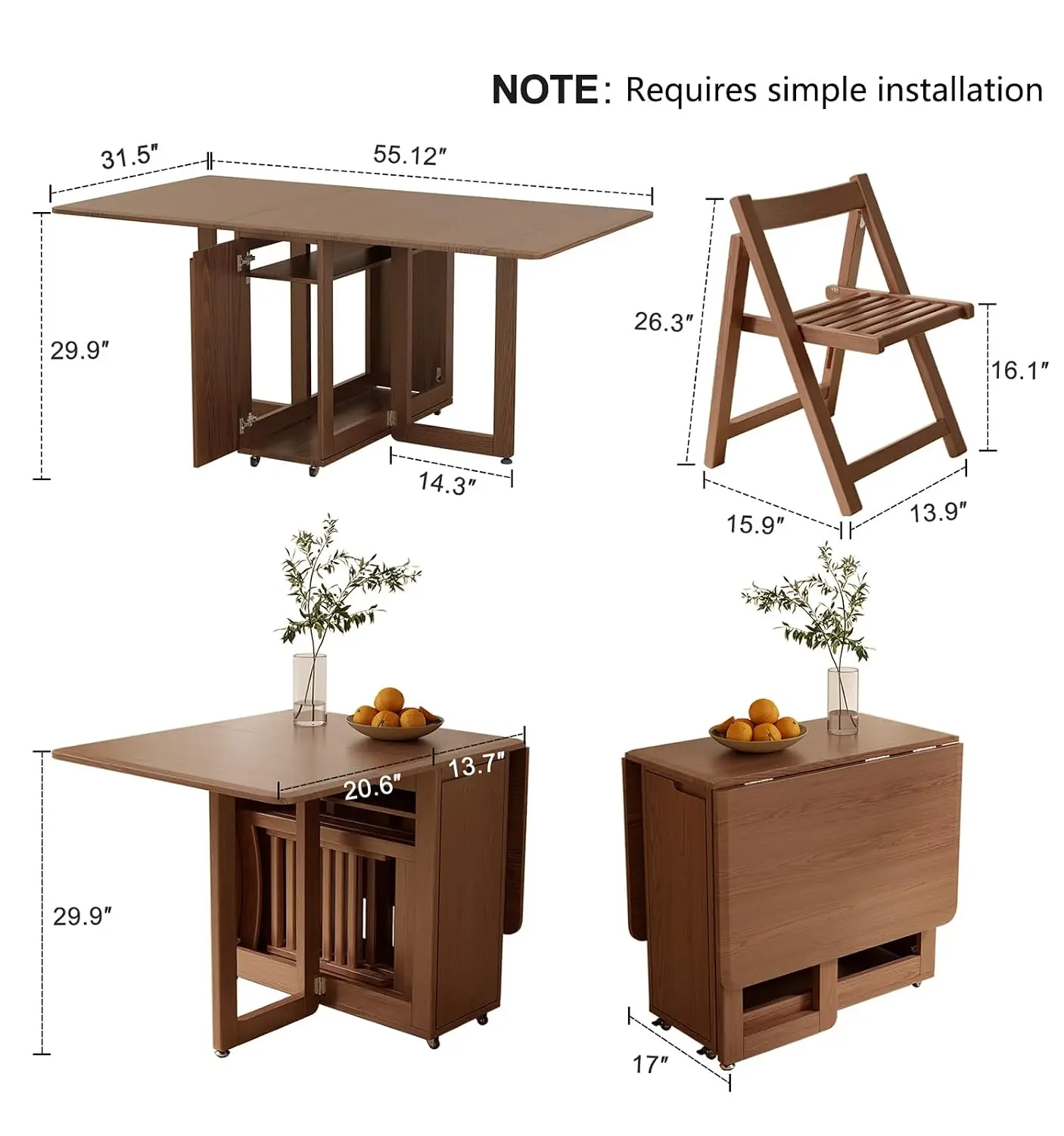 1 Solid Wood Folding Dining Table, Space Saving Extendable Solid Wood Drop Leaf Table for Kitchen Dining Living Room Small Space