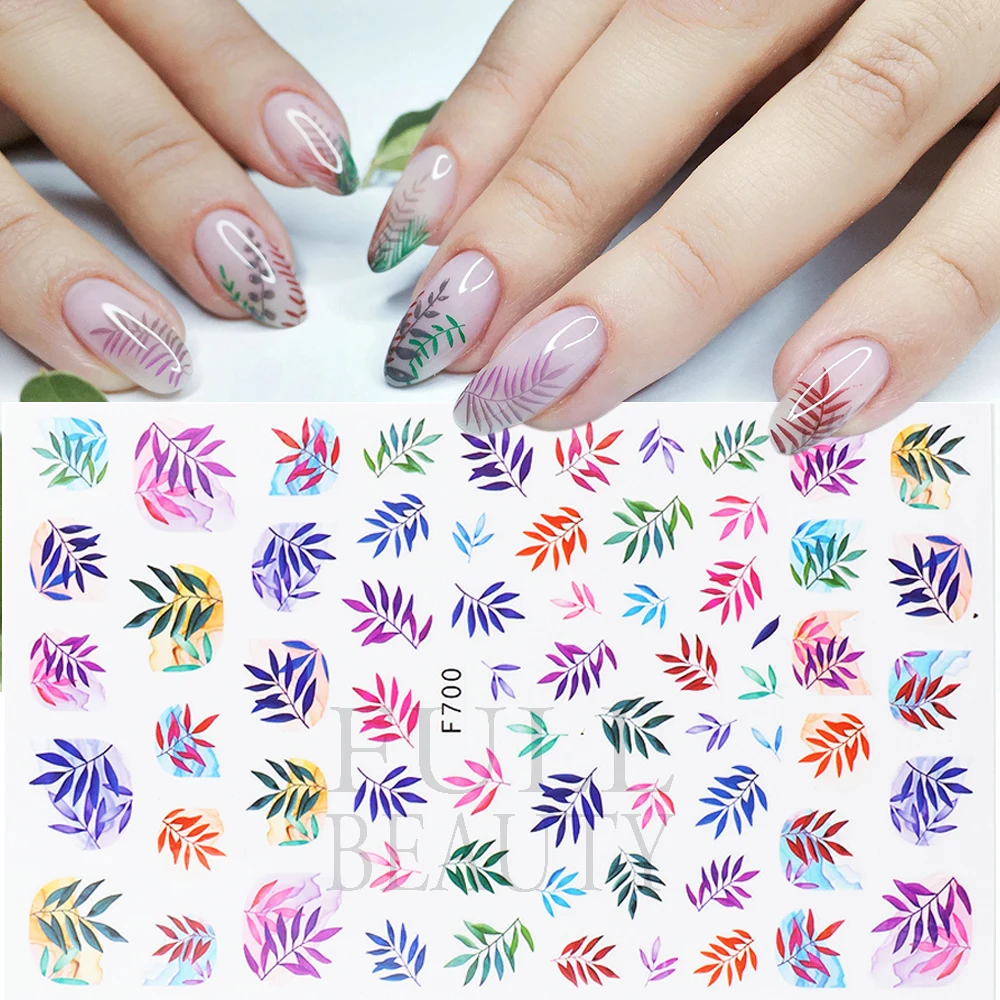 ฤดูร้อนใบเล็บสติกเกอร์นีออนออกแบบ Tropical Palm Tree Lavender Bee เล็บ Slider Blooming Wave Decals บทคัดย่อ Face ฟอยล์ GLF700