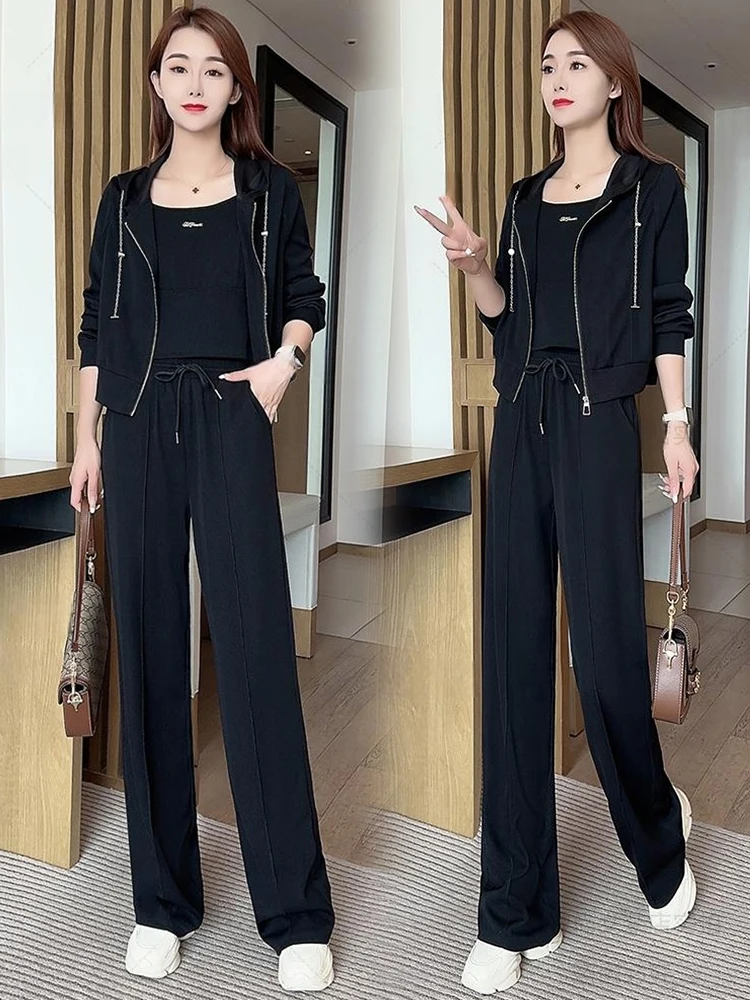 

Повседневный спортивный костюм для женщин: новая модная коллекция весна-осень, комплект из худи и широких брюк, облегающий крой, маленькие размеры