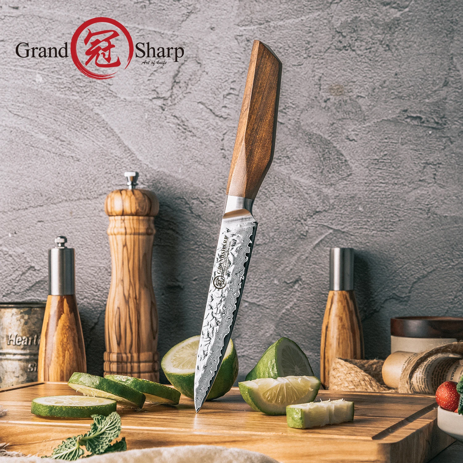 Grandsharp 5'' Utility Knife Damascus 67 Layers Aus-10 Cutting Core Africa Rose Wood Chef Santoku Sharp Blade For Kitchen Use
