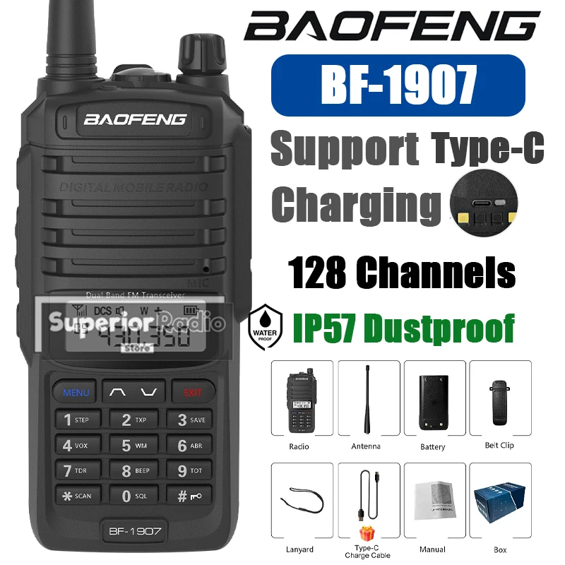 宝峰-bf-1907-ウォーキートーキー-uhf-vhf-136-174mhz-400-520mhz-type-c充電-128チャンネル-フラッシュライト付き-長距離通信-ポータブル-ハム-双方向無線機