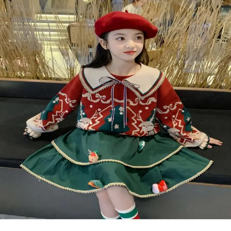 

Hot Girls' Autumn/winter Red Christmas Sweater Set 2025 New Mid Sized Children's Winter Cake Skirt Two Piece Set Christmas Gift
