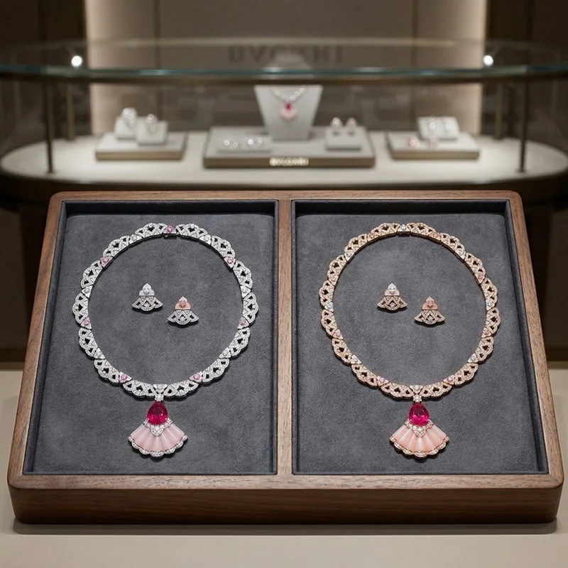 Europe America Style Necklace Earrings Women Lady Inlay Cubic Zircon Pink Opal Mother of Pearl Fan-Shaped Pendant Jewelry Sets