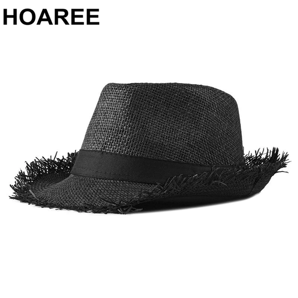 HOAREE Beach Hat Men Summer Panama Cap Casual Trilby Fedora Hat Male Straw Hat UV Protection Wide Brim Sombrero