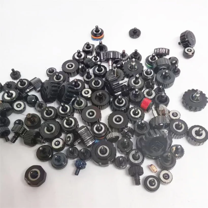 100 قطعة من المعبأة بمقبض فولاذي بالكامل، أنماط مختلفة، مقاسات مختلفة، تاج ساعة أسود، إكسسوارات ساعة مختلطة #3