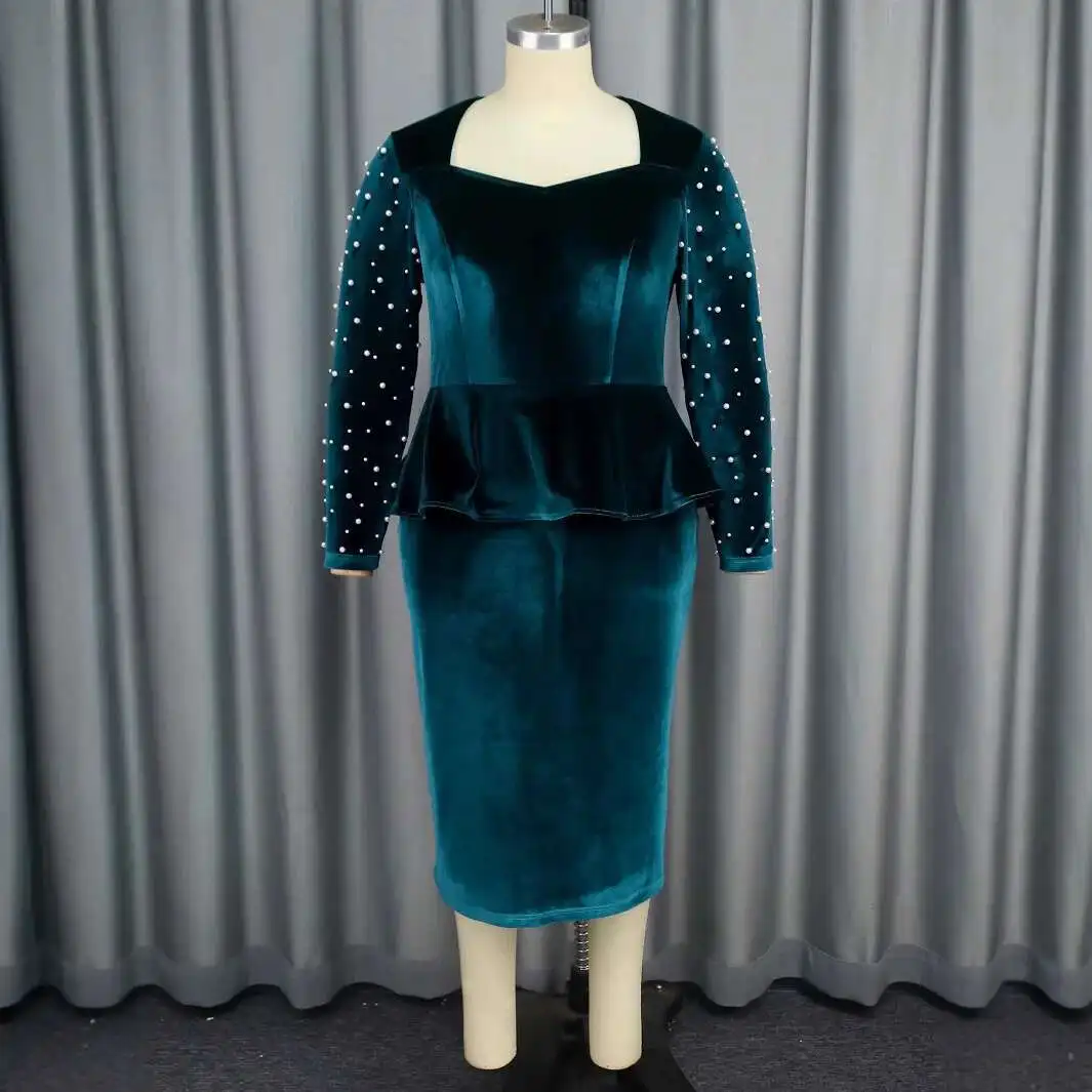 

AM040735 Elegant Long Sleeve Nail Bead Dress Autumn/Winter New Velvet High Waist Dress Dresses