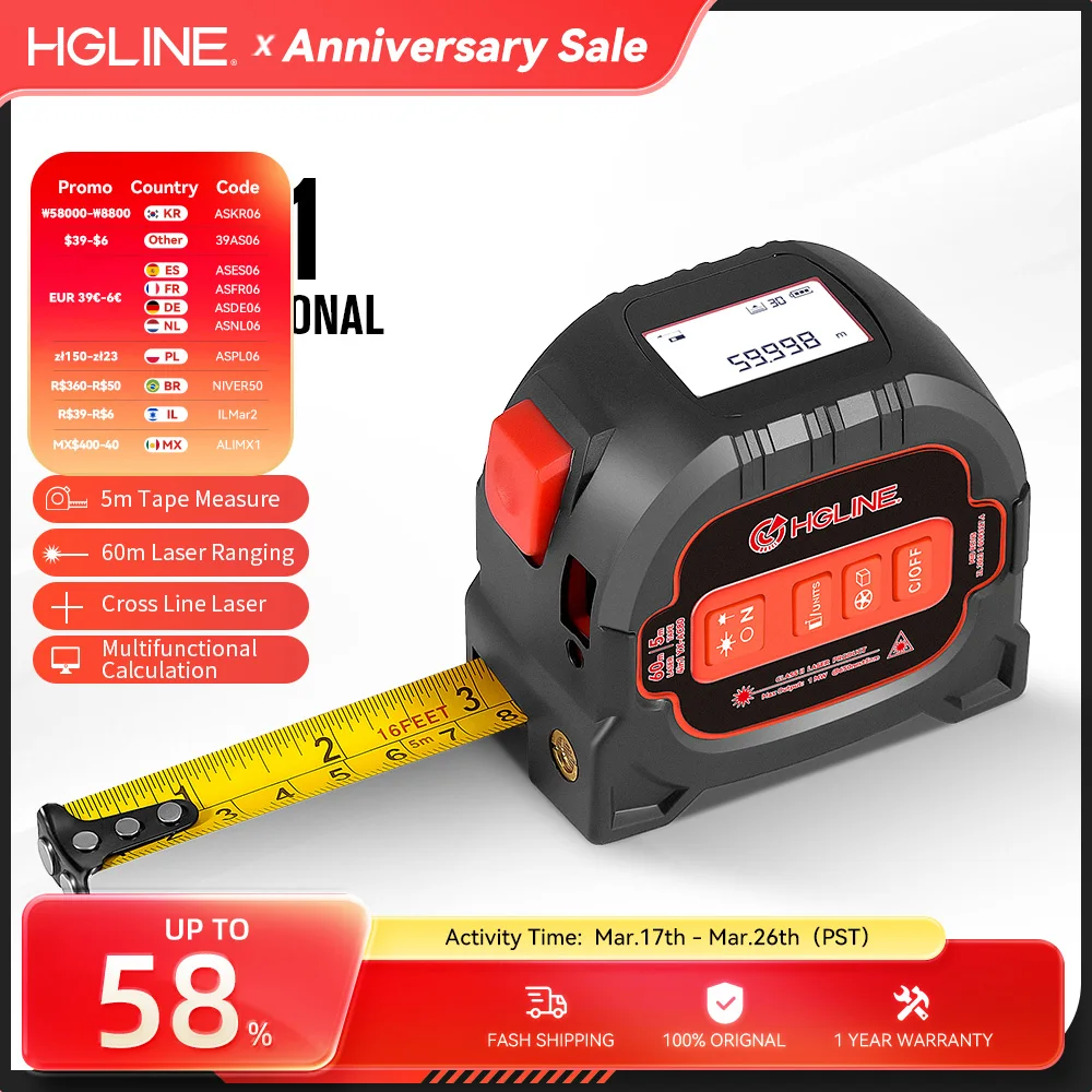 HGLINE 4 In1 60M Laser Tape Measure 5M Tape Measure Ruler LCD Power Display Electronic Ruler Laser Rangefinder Measure PowerTool