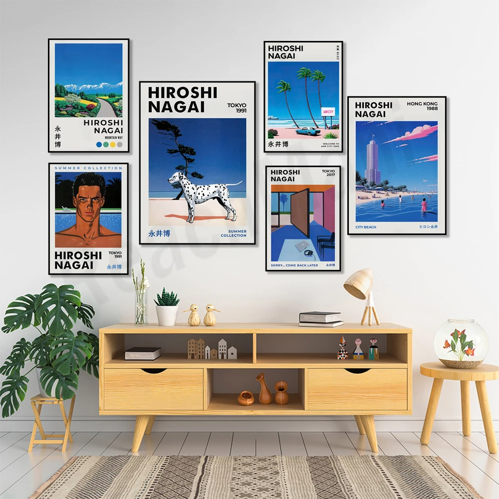 Japanese artist Hiroshi Nagai poster, jungle city garden, pacific breeze city, 90s 80s summer beach men style japanese vector ar