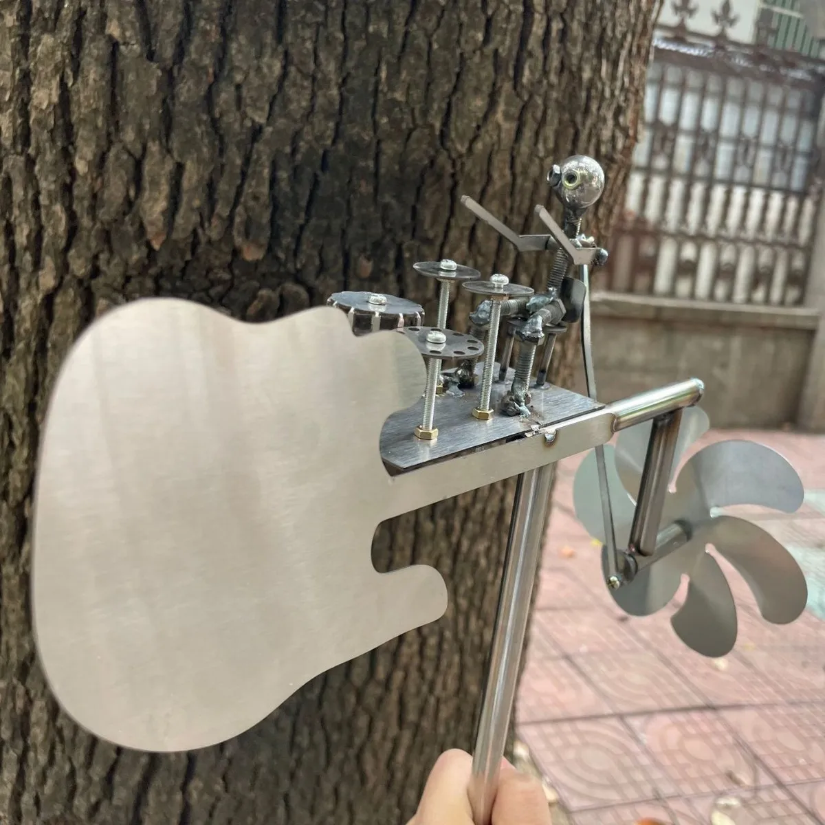 Handmade Metal Drummer Windmill, Guitarist, Bell Ringer